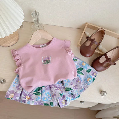 ノースリーブセットアップ pink purple tops set / 2T  90cm キッズセットアップ 2点セット フリルスリーブTシャツ+フレアショートパンツ プリント柄