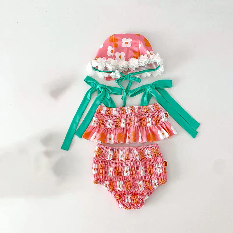 ベビー用水着 pink set / 73cm ベビー水着 ビキニ セパレート スイムウェア リボン 帽子セット 3カラー【mh0004919】