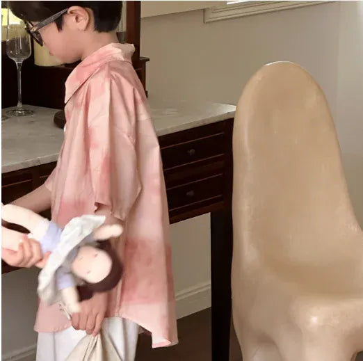 半袖セットアップ pink shirt / 90cm 1-2y キッズトップス/パンツ/ワンピース 半袖シャツ/ショートパンツ/ノースリーブワンピース タイダイピンク リンクコーデ 兄弟姉妹 お揃いコーデ