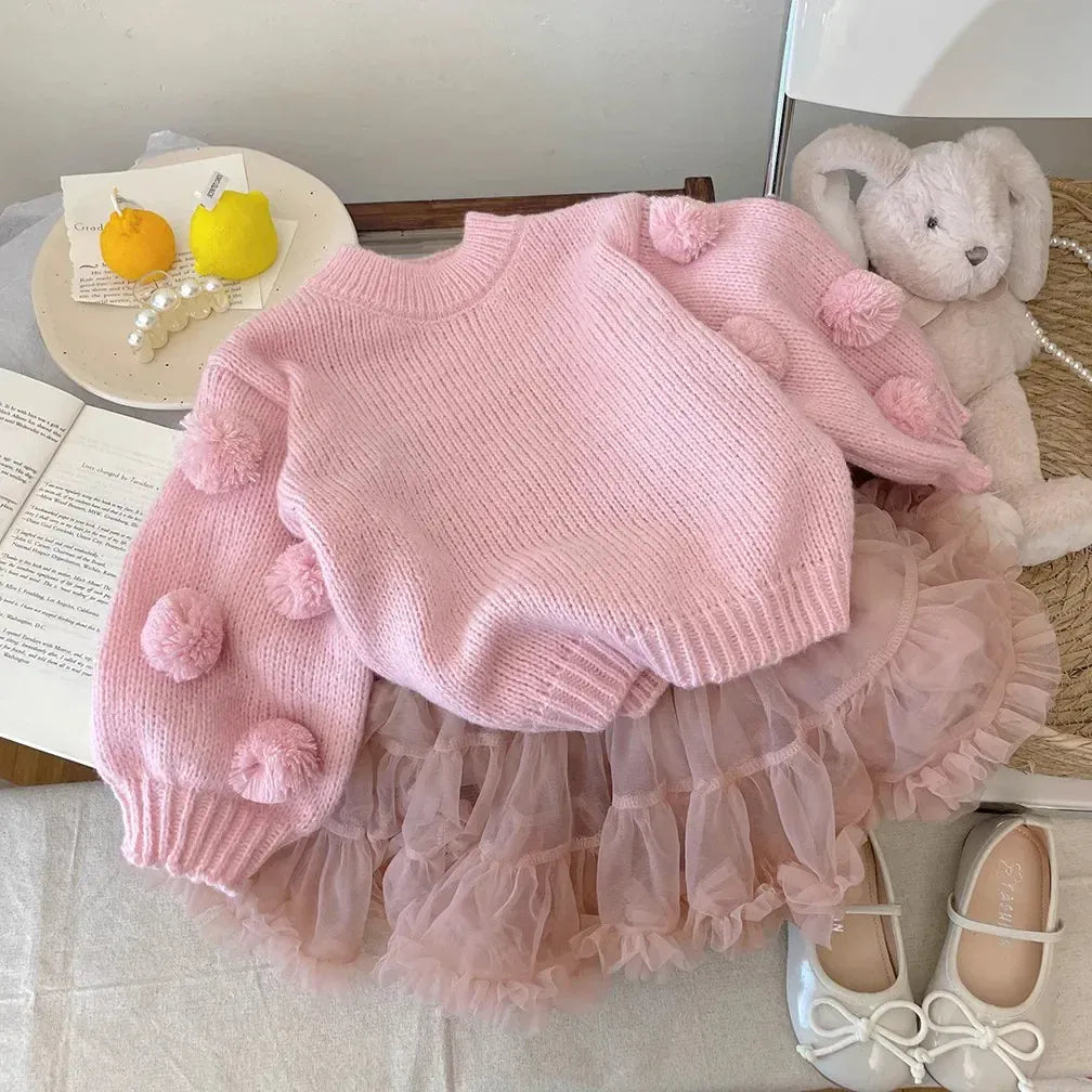 長袖セットアップ pink sweater / 90cm 1-2y キッズトップス/パンツ ぽんぽんルーズニットセーター/ニットフレアパンツ【mh0007219】