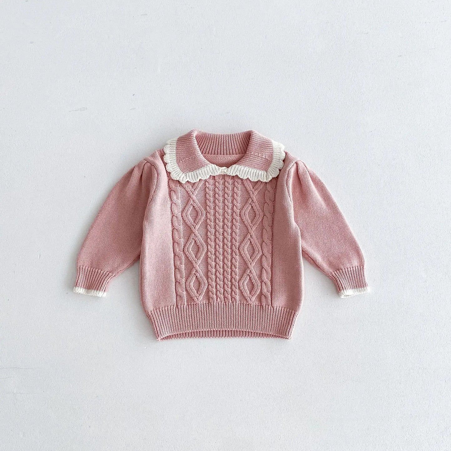 長袖セットアップ pink tops / 12M  80CM キッズトップス/スカート ニットフリル襟セーター/ニットプリーツスカート 2カラー