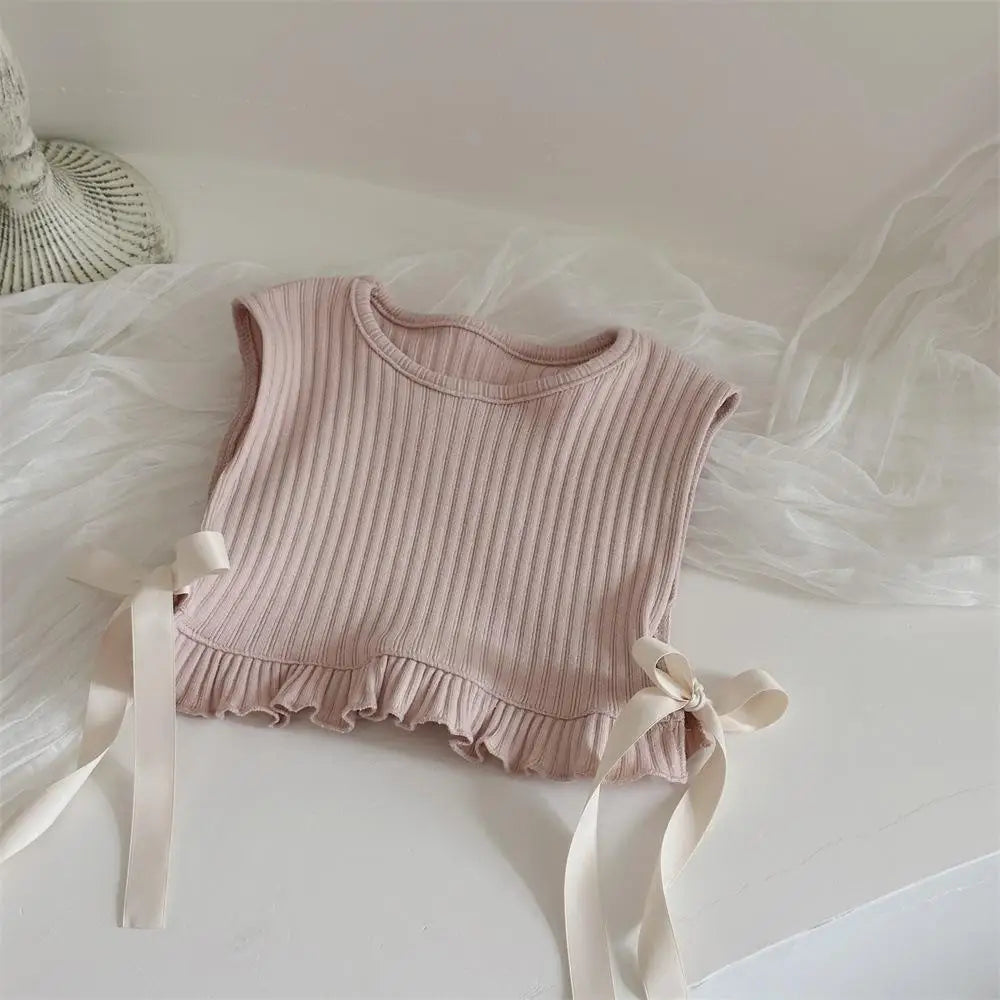 ロンパースセットアップ pink vest / 6M  66CM ベビーベスト/ロンパース サイドリボンジレベスト/レースペプラムスカート肩あき長袖ボディスーツ 2カラー【mh0007726】