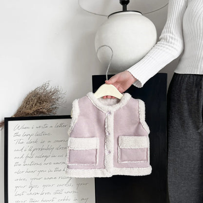 長袖セットアップ pink vest / 6M  66CM ベビーベスト/トップス/パンツ フェイクムートンボアフリースベスト/カラフルネップ長袖ニットセーター/ポンポン付きフリルニットパンツ【mh0008041】