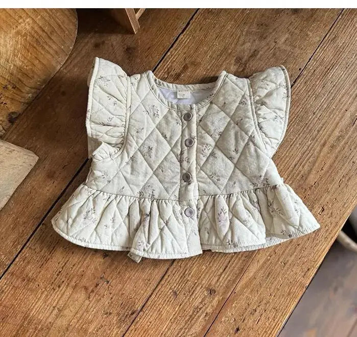 長袖セットアップ pink vest / 9M  73CM ベビーベスト/トップス/レギンス フラワープリントショルダーフリルキルティングベスト/フリルハイネック長袖Tシャツ/チュールスカートドッキングレギンスパンツ【mh0007732】