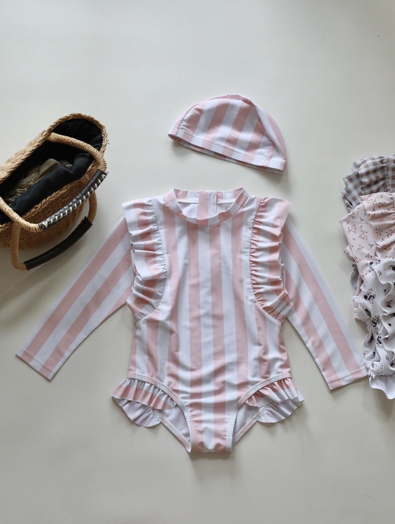 ベビー用水着 pink white stripes / 80 ガールズ水着 長袖ワンピーススイムウェア ラッシュガード【mh0009336】