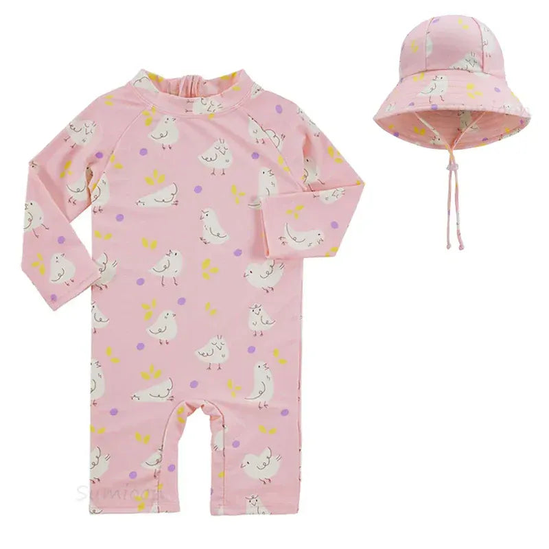 ベビー用水着 pinkbird with hat / 1-2Yrs キッズ水着 帽子セット 長袖ラッシュガード つなぎ ワンピース アニマル フラワープリント スイムウェア