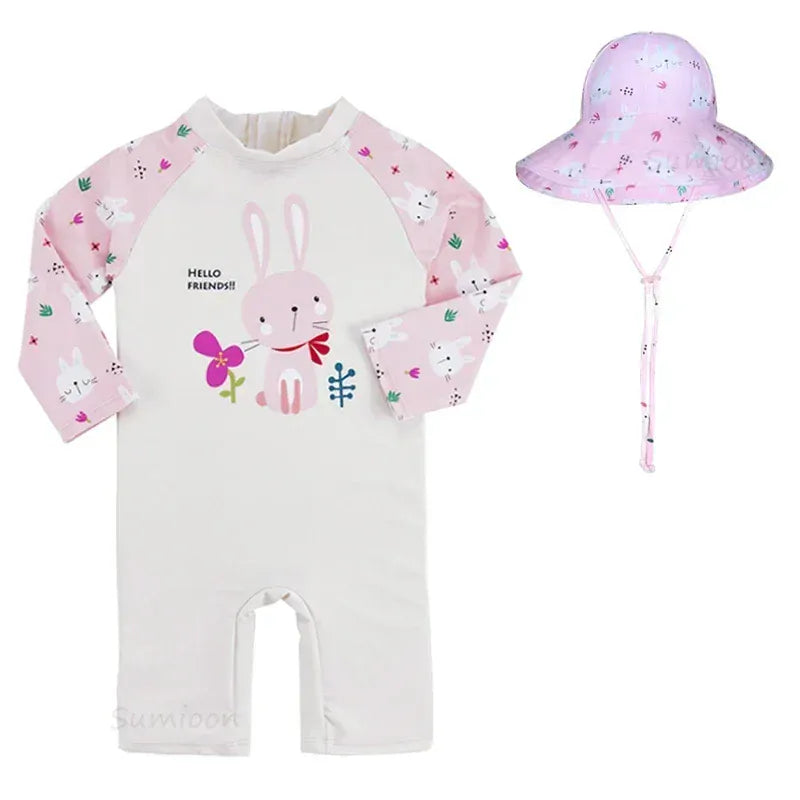 ベビー用水着 pinkrabbit with hat / 1-2Yrs キッズ水着 帽子セット 長袖ラッシュガード つなぎ ワンピース アニマル フラワープリント スイムウェア