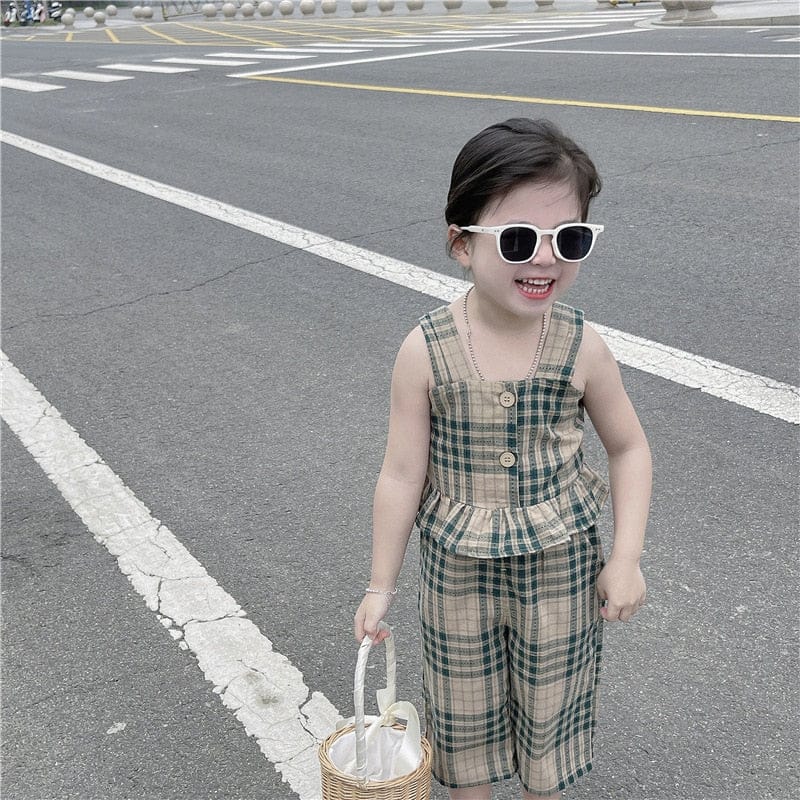 ノースリーブセットアップ plaid 2pc set / 12M/80cm キッズ チェック セットアップ ノースリーブ ペプラム ブラウス ワイド ルーズパンツ ガールズ 5750C