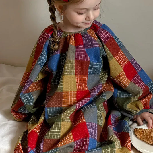 長袖ワンピース plaid / 2T (90) キッズワンピース カラフルチェック長袖スモックワンピース【mh-0008670】
