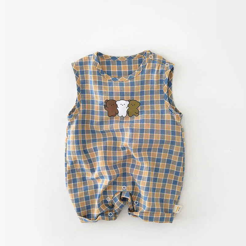 ノースリーブジャンプスーツ Plaid / 3-6M 66cm ベビージャンプスーツ ノースリーブチェックボディスーツ ベアくまプリント【mh0006261】