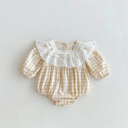 長袖ロンパース plaid / 66cm 0-6m ベビーロンパース チェックビッグフリル長袖ボディスーツ 2カラー【mh0007466】