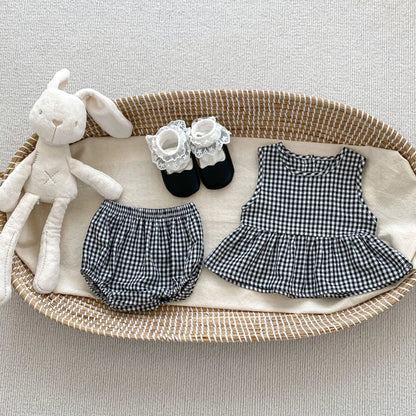 ノースリーブセットアップ plaid / 66cm ☺︎ ベビーセットアップ 2点セット ノースリーブペプラムチュニックブラウス+ブルマパンツ チェック/フラワー花柄刺繍