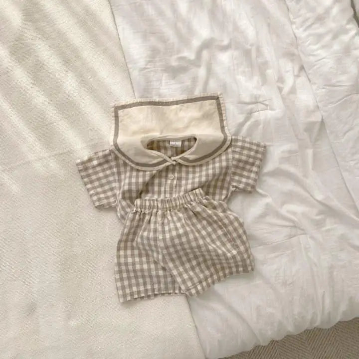 半袖セットアップ Plaid / 6M  66CM ベビーセットアップ 2点セット 半袖セーラーカラーシャツブラウス+ショートパンツ チェック無地【mh0004733】