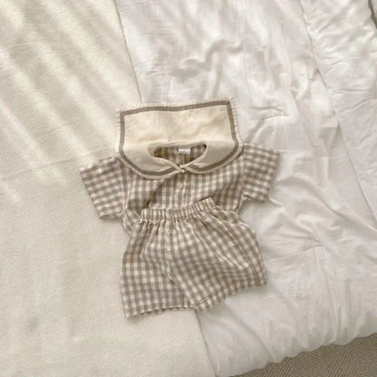 半袖セットアップ Plaid / 6M  66CM ベビーセットアップ 2点セット 半袖セーラーカラーシャツブラウス+ショートパンツ チェック無地【mh0004733】