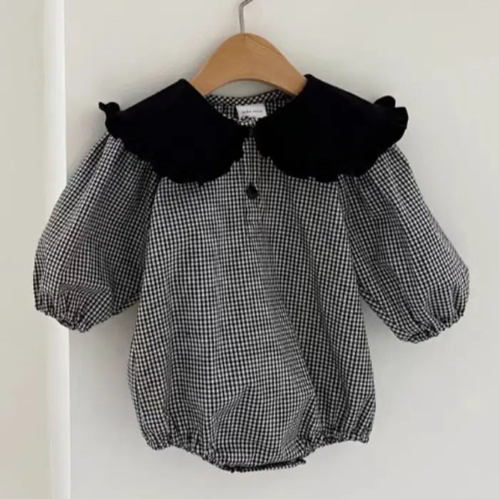 長袖ロンパース Plaid / 6M  66CM ベビーロンパース ビッグフリル襟バイカラー長袖ボディスーツ 2カラー【mh0006787】