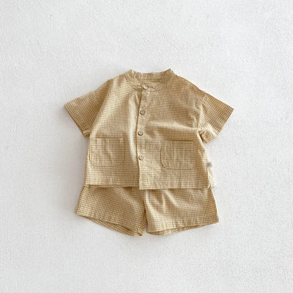 半袖セットアップ plaid / 80cm / 取り寄せ（3〜14日） ☺︎ キッズセットアップ 2点セット ノーカラー半袖シャツ ショートパンツ シンプルベーシック 3カラー