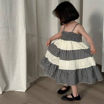 ノースリーブワンピース plaid / 80cm 9-12m キッズワンピース キャミソールドレス チェックボーダー フリルスカート