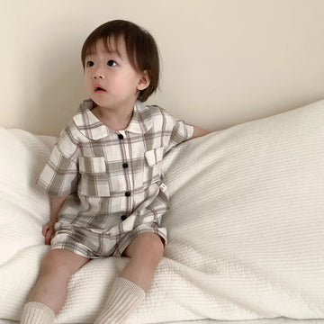 半袖セットアップ plaid / 9M  73cm ベビーキッズセットアップ 2点セット 半袖シャツ+ショートパンツ チェック ストライプ