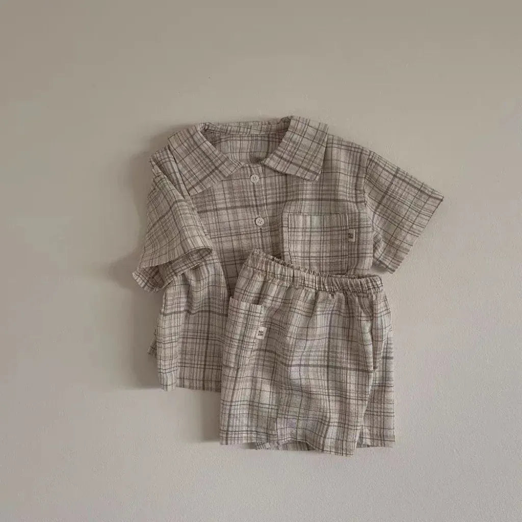 半袖セットアップ Plaid / 9M  73CM キッズセットアップ 2点セット 半袖シャツ+ショートパンツ レトロ 無地/チェック 2カラー【mh0005461】