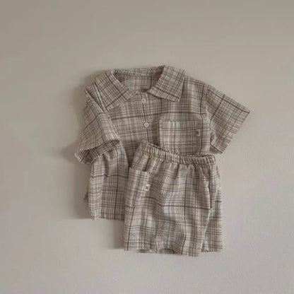 半袖セットアップ Plaid / 9M  73CM キッズセットアップ 2点セット 半袖シャツ+ショートパンツ レトロ 無地/チェック 2カラー【mh0005461】