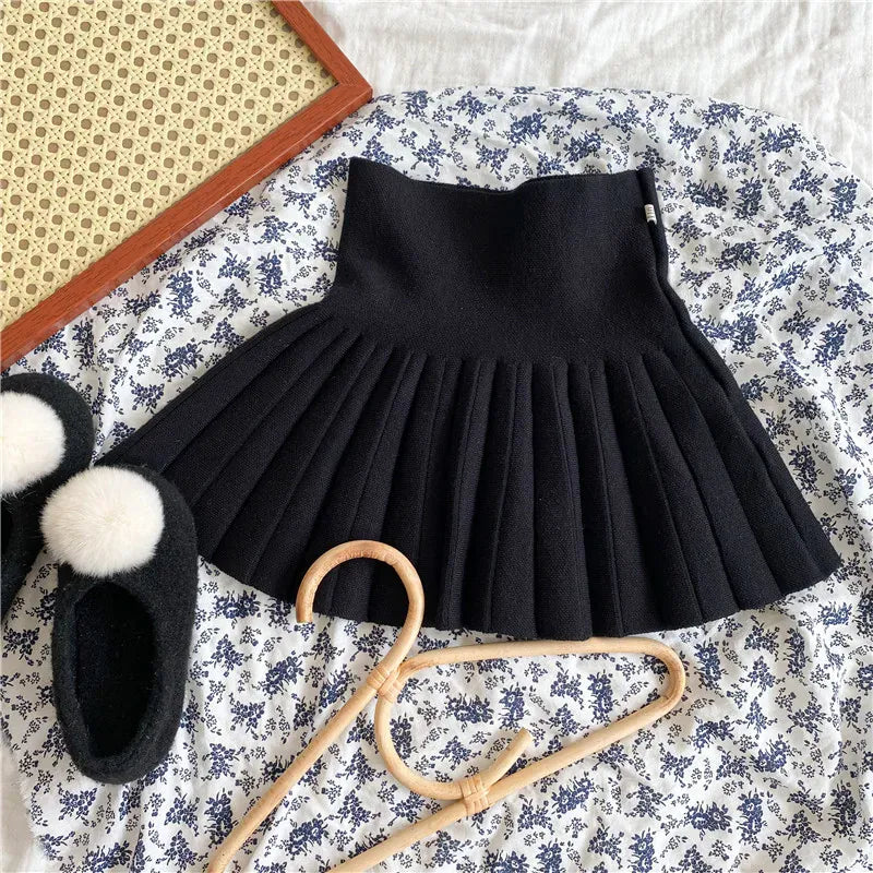 スカート Pleated skirt black / 80-90cm 1T-2T キッズスカート ハイウェストプリーツ/Aラインニットミニスカート【mh0008054】