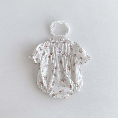 半袖ロンパース Print / 66cm 0-6m ベビーロンパース 半袖パフスリーブボディスーツ ヘアバンドセット ホワイト/フラワー花柄プリント