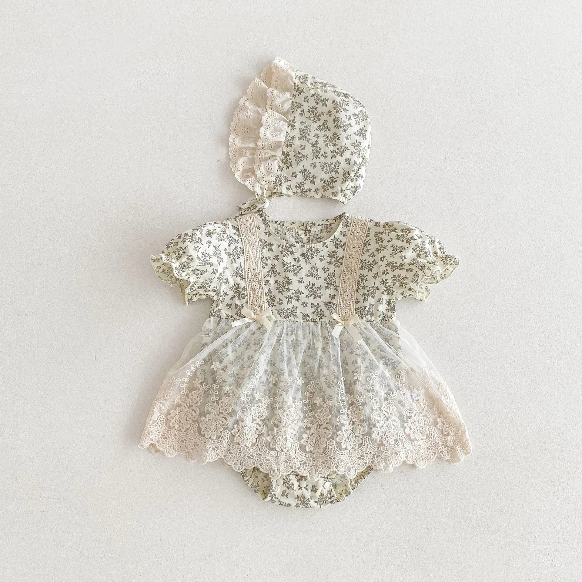半袖ロンパース print / 66cm 0-6m ベビーロンパース チュールレーススカートドッキング 半袖ボディスーツ ボンネット 帽子セット