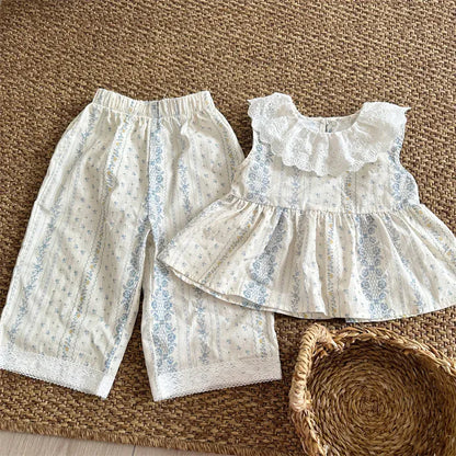 ノースリーブセットアップ print / 80cm 9-12m キッズセットアップ 2点セット レース襟 ノースリーブペプラムチュニックブラウス+ワイドルーズパンツ フラワーストライププリント