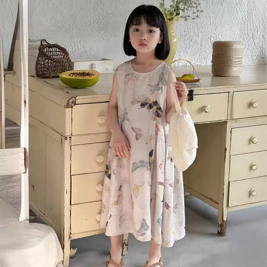 ノースリーブワンピース print / 90cm 1-2y キッズワンピース ノースリーブワンピース 蝶バタフライプリント サマードレス