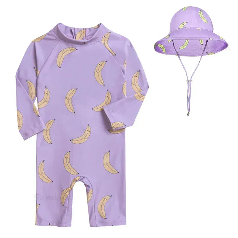ベビー用水着 purpelbanan with hat / 1-2Yrs キッズ水着 帽子セット 長袖ラッシュガード つなぎ ワンピース アニマル フラワープリント スイムウェア