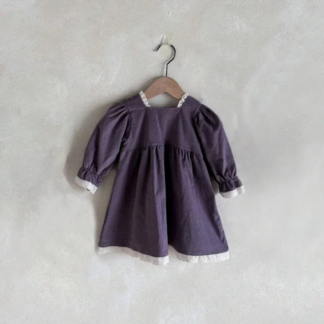 長袖ワンピース purple / 3T  100cm ベビーワンピース 長袖パフスリーブ レース 2カラー