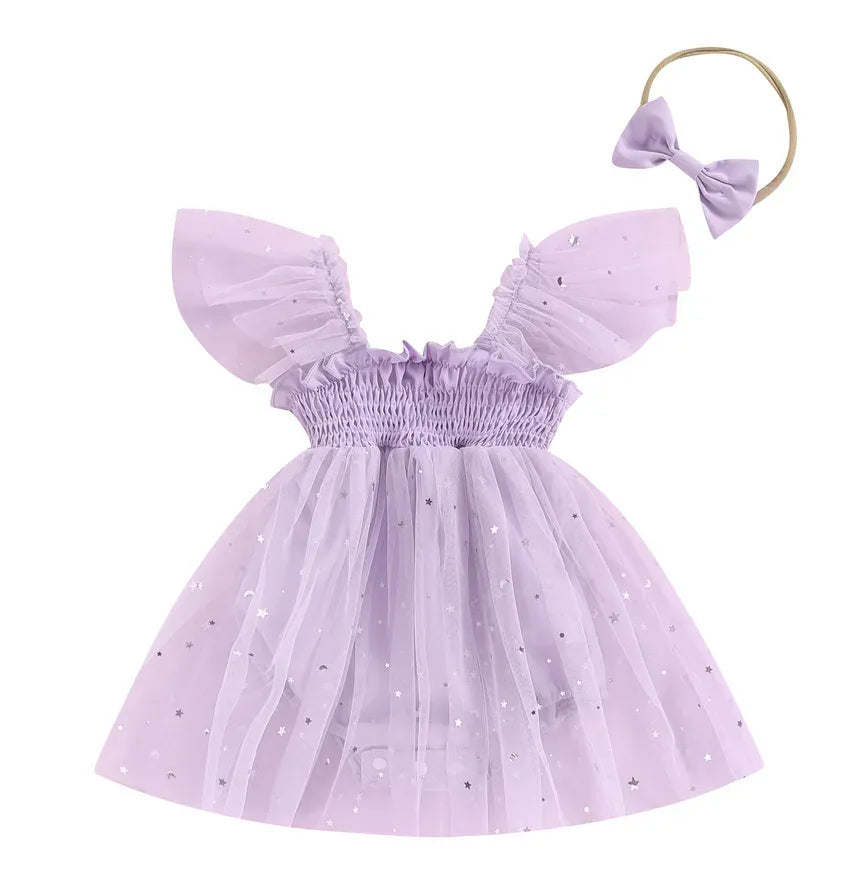 ノースリーブロンパース purple / 59cm 0-3M ベビーロンパース チュチュ チュールスカート スパンコール ベビードレス リボンヘアバンドセット 3カラー