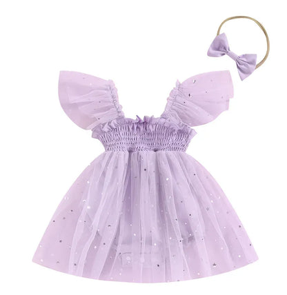 ノースリーブロンパース purple / 59cm 0-3M ベビーロンパース チュチュ チュールスカート スパンコール ベビードレス リボンヘアバンドセット 3カラー