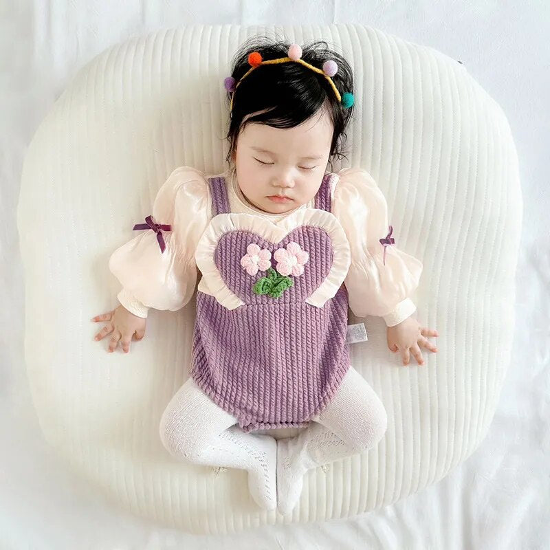 長袖ロンパース purple / 66cm ベビー 長袖ロンパース サスペンダーパンツドッキング リボン パープル ガールズ 女の子 子供服