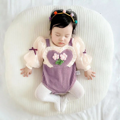 長袖ロンパース purple / 66cm ベビー 長袖ロンパース サスペンダーパンツドッキング リボン パープル ガールズ 女の子 子供服