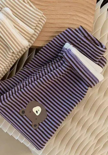 レギンスパンツ Purple / 66cm 0-6m ベビーパンツ ベアくま膝パッチボーダー裏ボアフリースレギンスパンツ 3カラー【mh0007470】