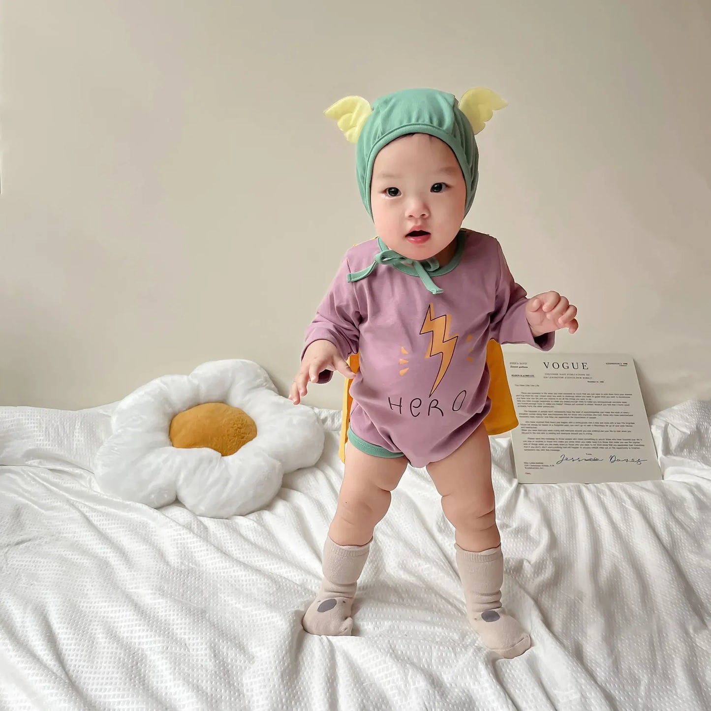 長袖ロンパース purple / 66cm ベビーロンパース 長袖ボディスーツ ヒーローコスチューム 帽子セット 2カラー