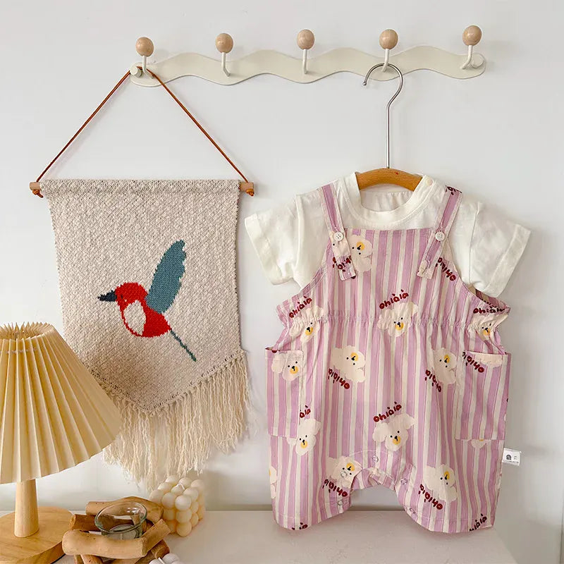 半袖セットアップ purple / 66cm ベビーセットアップ 2点セット 半袖Tシャツ+オーバーオール 犬パピープリント サロペット 2カラー