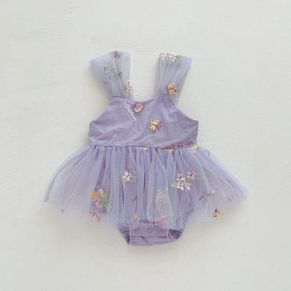 ノースリーブロンパース Purple / 66cm フラワー刺繍チュールスカートキャミソールロンパース【mh0010312】