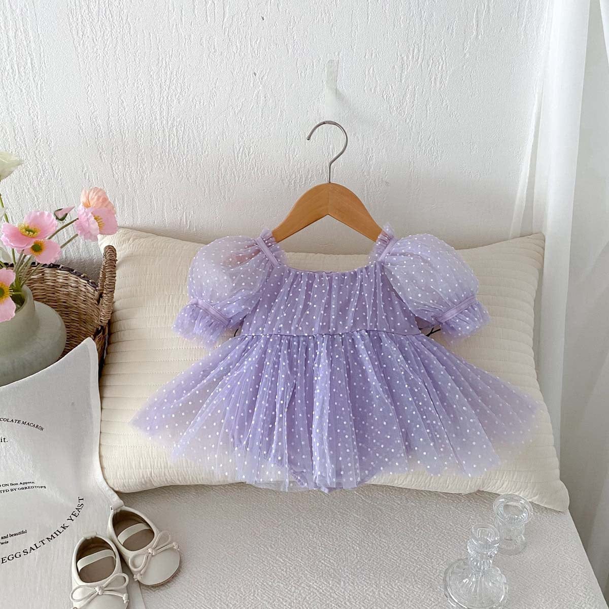 半袖ロンパース Purple / 66cm ピンドットチュール半袖パフスリーブドレスロンパース【mh0010324】