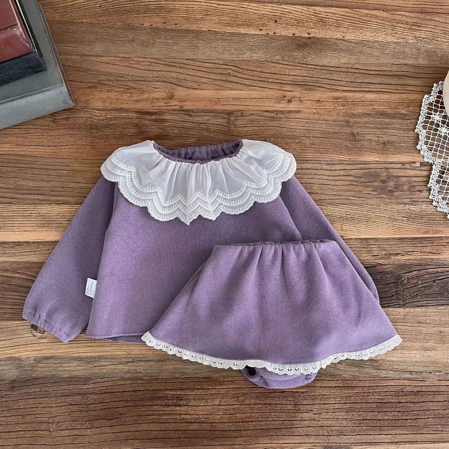 長袖セットアップ Purple / 6M  66CM ベビーセットアップ 2点セット ロータス襟長袖Tシャツブラウス+ブルマパンツインスカート 2カラー【mh0006715】