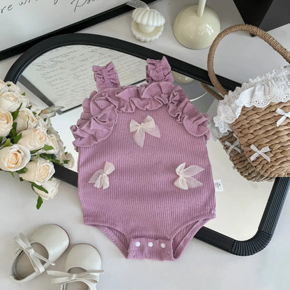 ノースリーブロンパース Purple / 6M  66CM ベビーロンパース ノースリーブボディスーツ フリル リボン 4カラー【mh0006210】