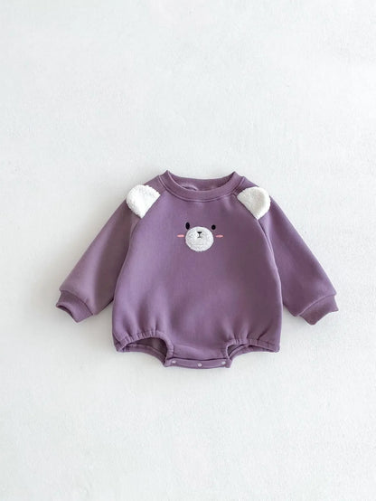長袖ロンパース Purple / 6M  66CM ベビーロンパース アニマルフェイス耳付き裏フリース長袖ボディスーツ【mh0007865】