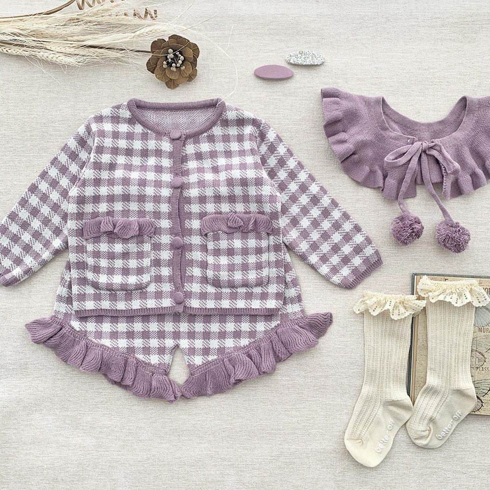 長袖セットアップ purple / 73cm ベビー キッズ チェック セットアップ ニット セーター フリル ショートパンツ つけ襟 セット ブラック パープル ガールズ