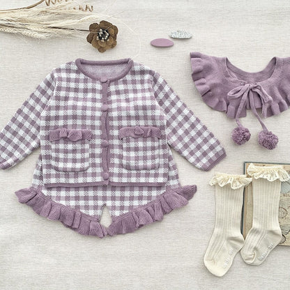 長袖セットアップ purple / 73cm ベビー キッズ チェック セットアップ ニット セーター フリル ショートパンツ つけ襟 セット ブラック パープル ガールズ
