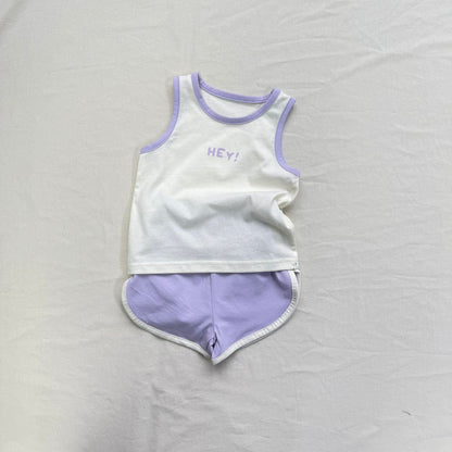 ノースリーブセットアップ Purple / 73cm ロゴワンポイントタンクトップ+ショートパンツスポーツセットアップ 2点セット【mh0010013】