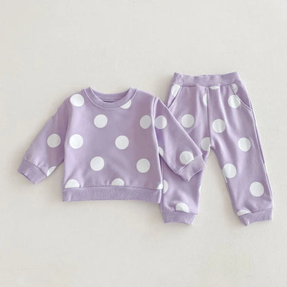 長袖セットアップ purple / 73cm / 取り寄せ（3〜14日） ☺︎ ベビーセットアップ 2点セット 長袖スウェットシャツ ロングパンツ ポルカドット水玉プリント 3カラー