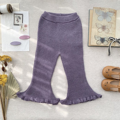 キッズ用フリル付きニットパンツ（パープル系）ベルボトム風、裾フリンジ
