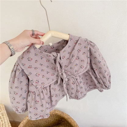 ショートコート・ジャケット・ジャンパー Purple / 80cm キッズ服 長袖 ブラウス シャツ カーディガン ジャケット フラワー 花柄 ビッグ襟 ベージュ 紫 2色 女の子