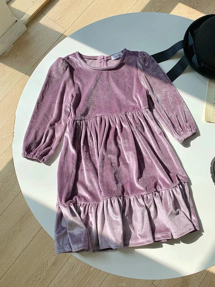 長袖ワンピース purple / 90cm キッズワンピース ベロア調長袖ワンピース パーティドレス お出かけ 4カラー